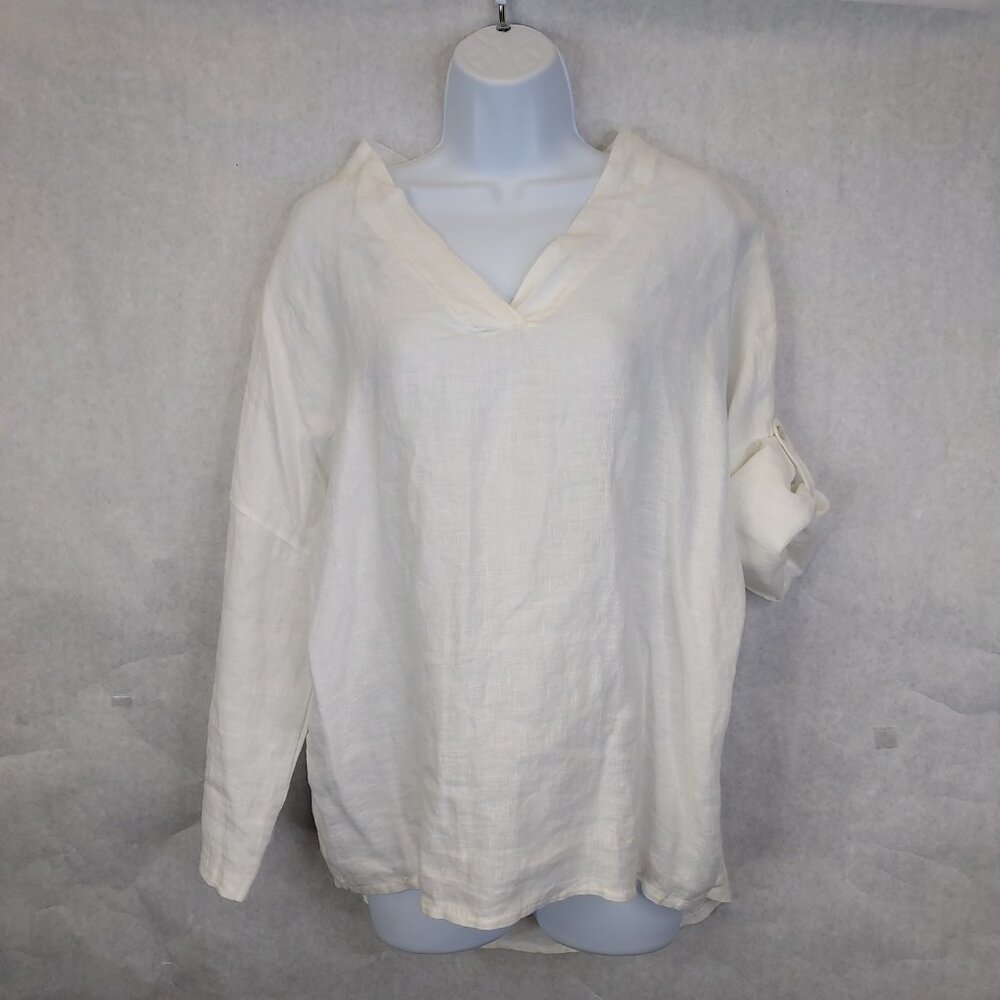 Viola Borghi Linen Tunic Top Women's M Tie Back Roll Tab Sleeve Resort Nautical